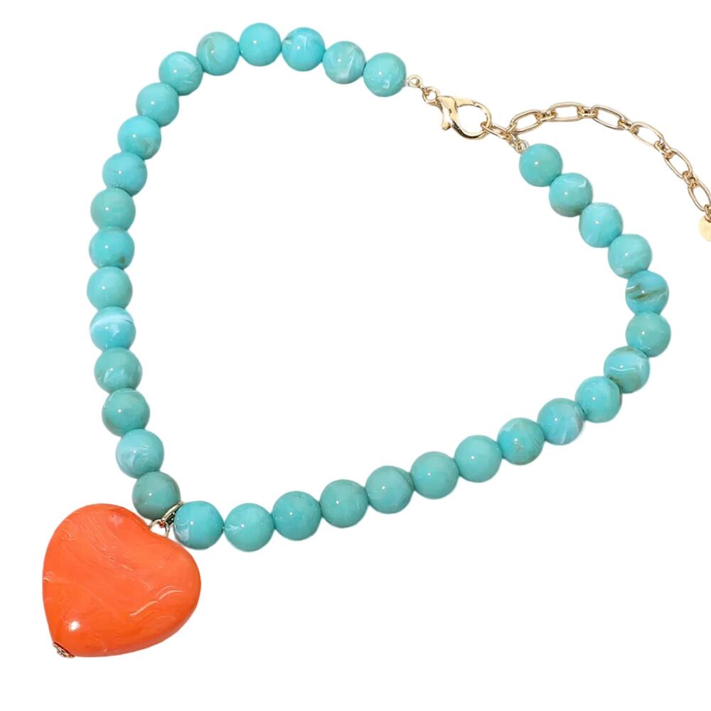 Turquoise Orange Bead Heart Pendant Necklace